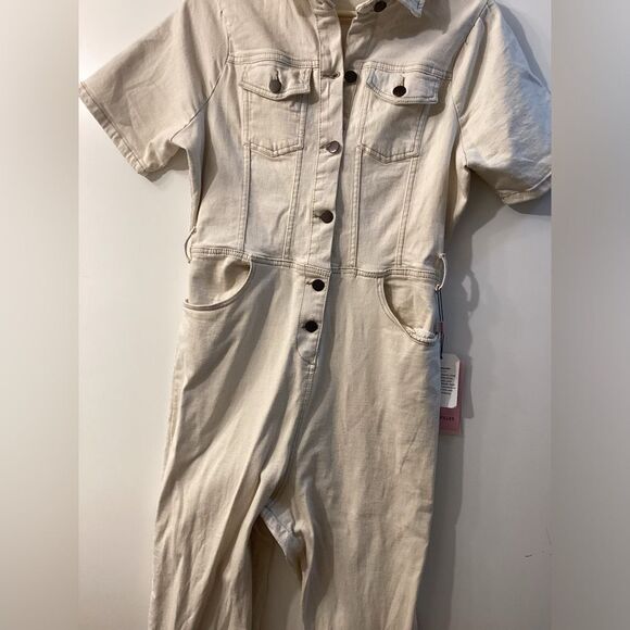 Avec Les Filles Tie Waist Denim Jumpsuit – Ecru Cream Women’s One Piece - Picture 5 of 15